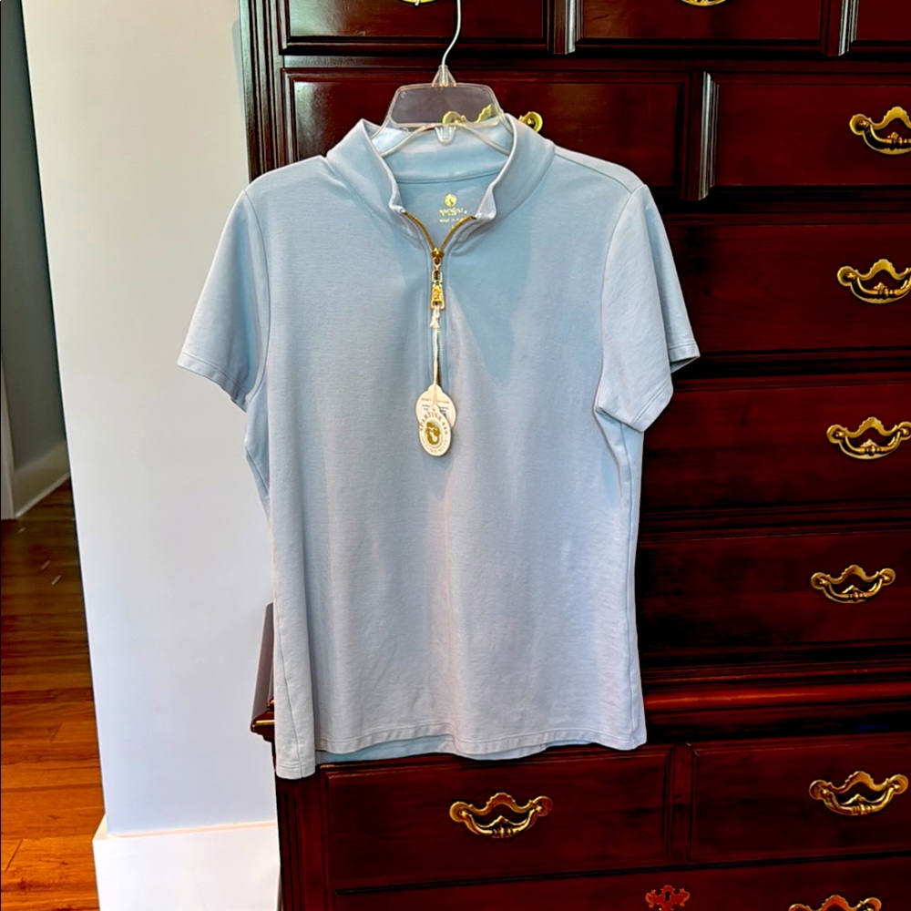 Light Blue Short Sleeve Zip-Up Top